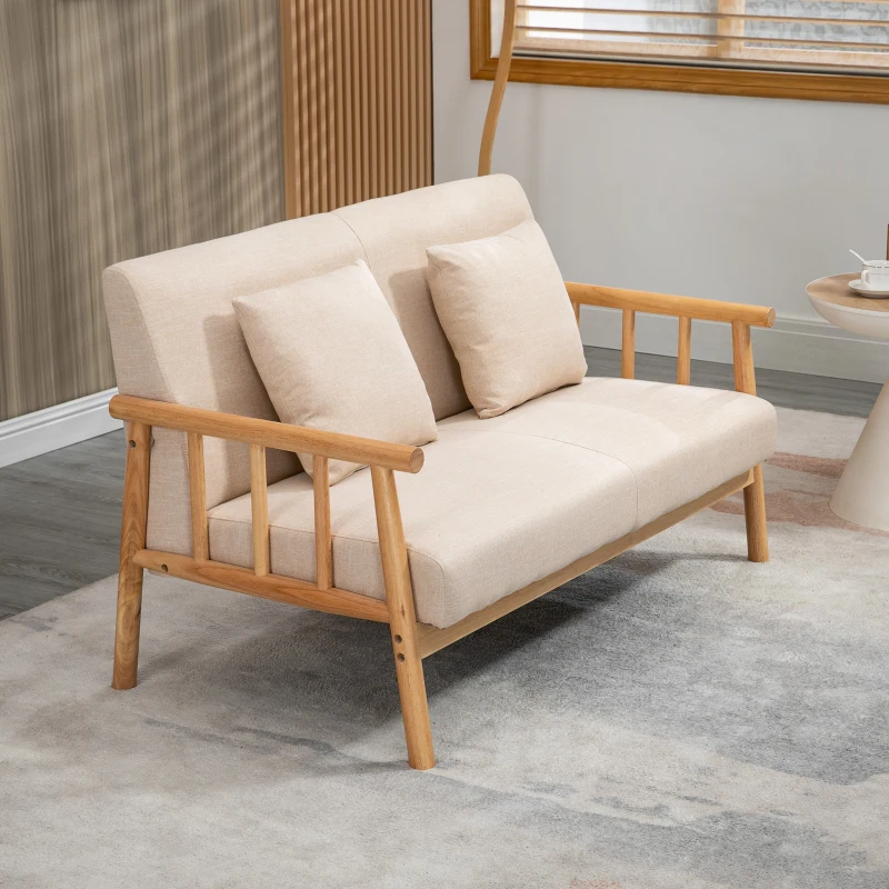 2-sits Soffa, Tygöverdrag I Linnelook, Kompakt, Upp Till 200 Kg, Träram, 123L X 69W X 74H Cm, Beige 7