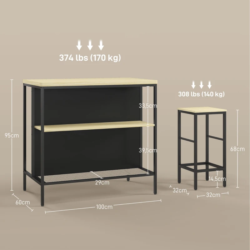 Barset, 2 Barstolar & 1 Barbord, Fläckbeständig, Robust, Stålstomme, Svart/ek 3