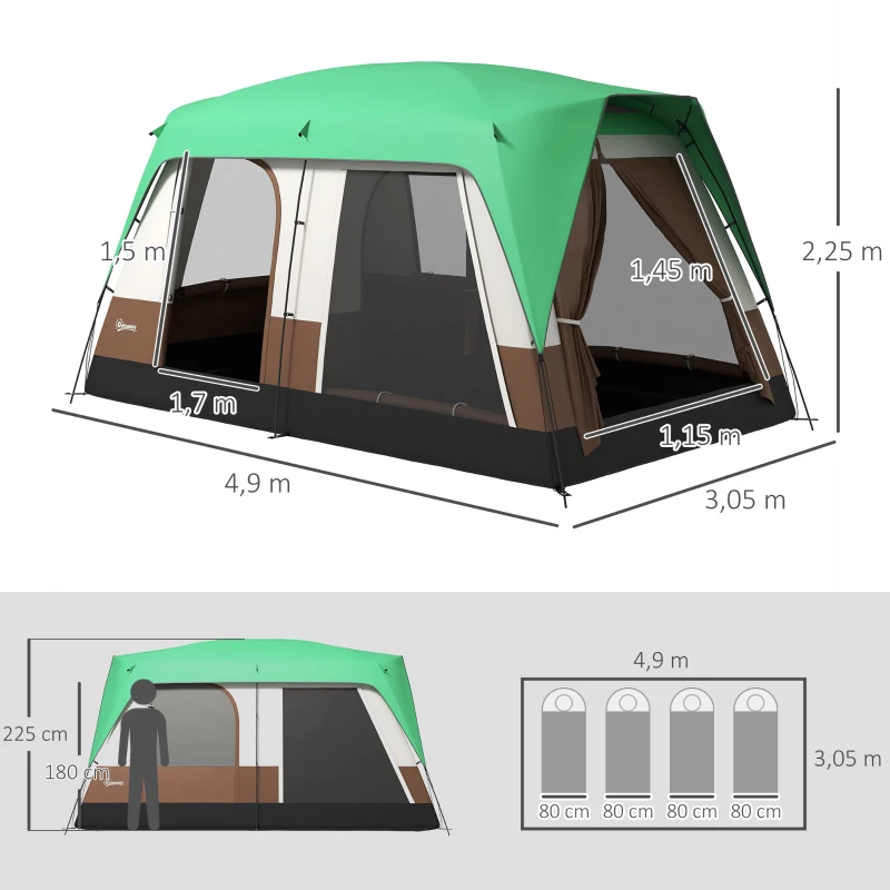 Campingtält För 7-8 Personer, Nätfönster, Med Bärväska, 4,90 X 3,05 X 2,25 M, Grönt 3