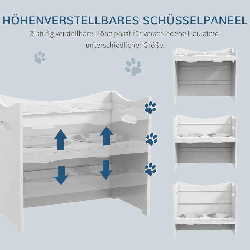 Foderstation För Hundar, 2 Skålar I Rostfritt Stål, Höjdjusterbar, 54x31,5x47cm, Vit 7