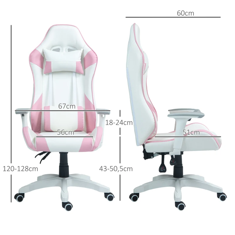 Gaming Stol, Racing Design, Tiltbar, Justerbar I Höjdled, Konstläder, 67W X 60D X 120-128H Cm, Rosa/vit 3