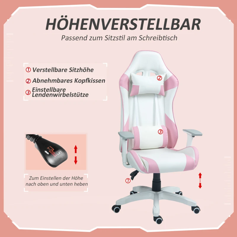 Gaming Stol, Racing Design, Tiltbar, Justerbar I Höjdled, Konstläder, 67W X 60D X 120-128H Cm, Rosa/vit 4