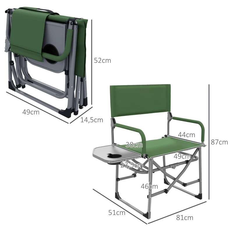 Hopfällbar Stol Med Hopfällbart Sidobord, Mugghållare, Lätt, Metallram, 81W X 51D X 87H Cm, Grön 3