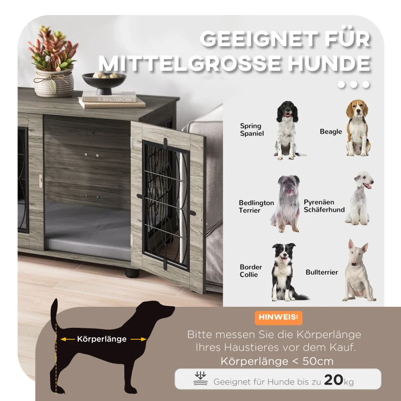 Hundbox Med Liggkudde, Upp Till 20kg/50cm Kroppslängd, Metall, 80x56x63cm, Grå/trädekor 4